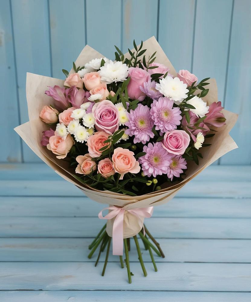 Букет цветов из: Хризантемы, Розы и Альстромерии в Кузьмоловском