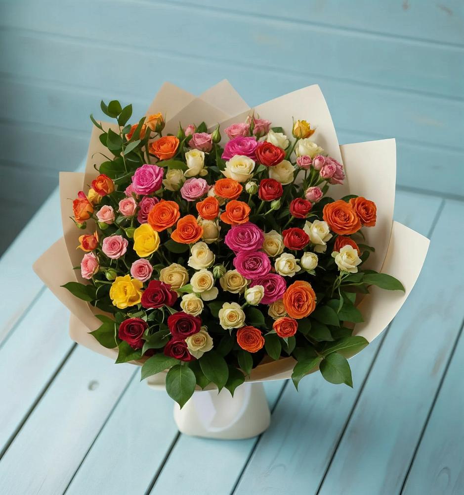 Букет Микс из разноцветных кустовых роз в Кузьмоловском