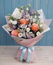 Букет Утренняя свежесть в Кузьмоловском Букет цветов из:  Лизиантусы, Розы, Альстромерии и Гипсофила в Кузьмоловском