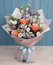 Букет Утренняя свежесть в Кузьмоловском Букет цветов из: Лизиантусы, Розы, Альстромерии и Гипсофила в Кузьмоловском