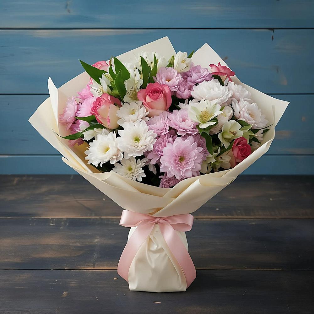 Букет цветов из: Хризантемы, Альстромерии и Розы в Кузьмоловском